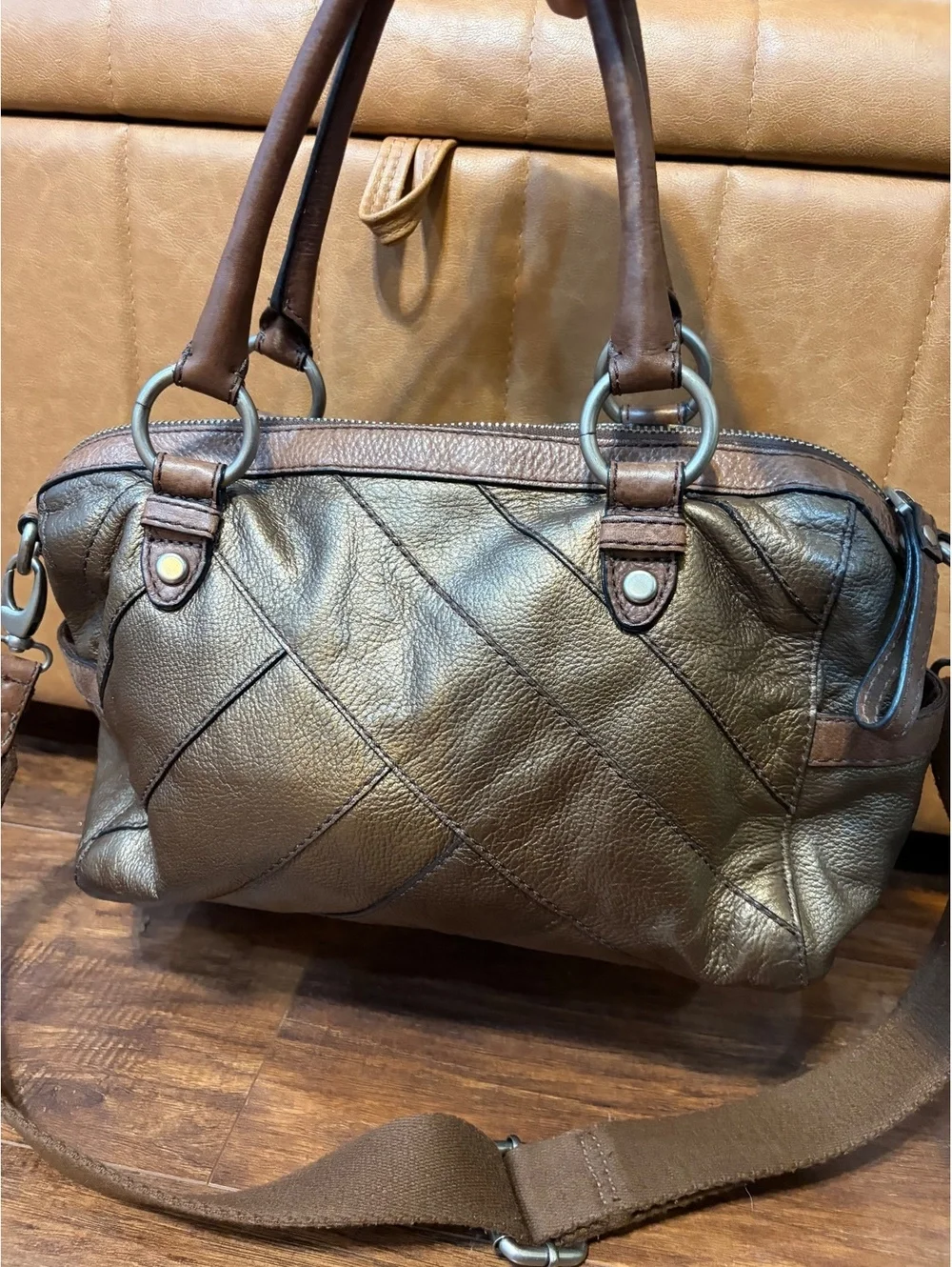 Fossil Maddox metallic aged bronze patchwork leather satchel